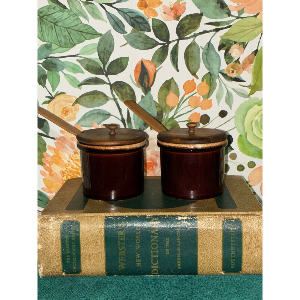Brown Drip Glaze Pottery Jelly or Condiment Jars with Wooden Lid